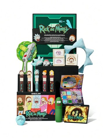 Conjunto de "Rick and Morty" contém espelho, gloss, paleta de sombras, blush, fixador, esponja e tiara para maquiagem / Reprodução/Sheglam