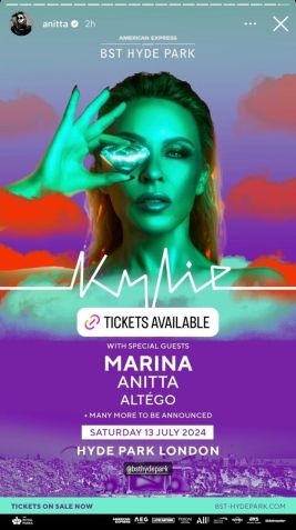 Anitta compartilhou que vai se apresentar com Kylie Minogue no BST, em Londres / Reprodução/Instagram