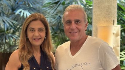 Leila Pereira, presidente do Palmeiras, ao lado de André Cury, empresário de Estêvão