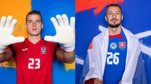 Andriy Lunin, goleiro da Ucrânia, e Ivan Schranz, atacante da Eslováquia