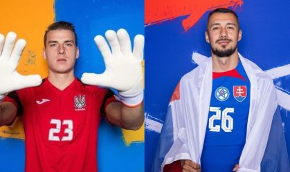 Andriy Lunin, goleiro da Ucrânia, e Ivan Schranz, atacante da Eslováquia