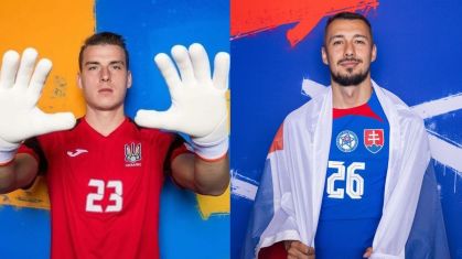 Andriy Lunin, goleiro da Ucrânia, e Ivan Schranz, atacante da Eslováquia