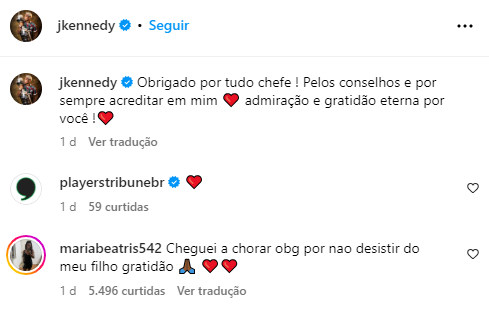 Mãe de John Kennedy postou mensagem para Diniz/ Reprodução/Instagram