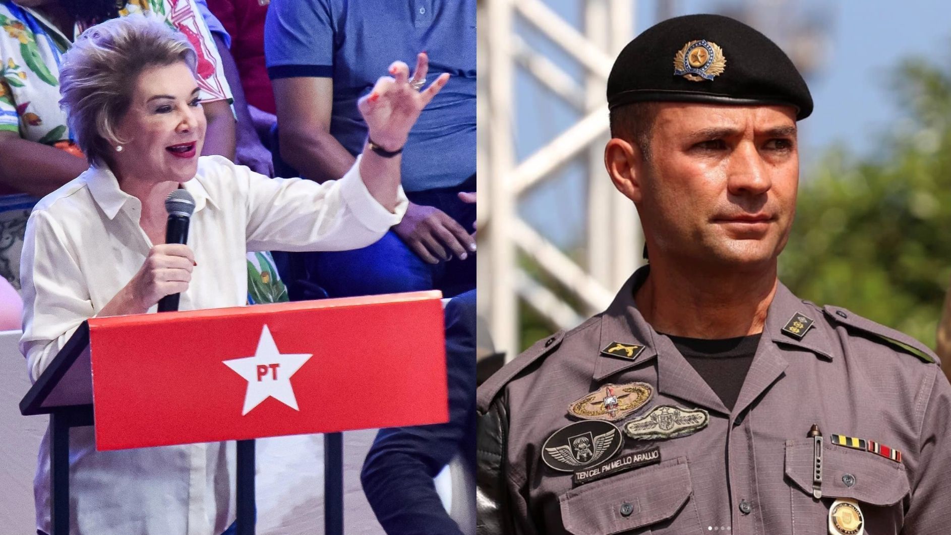 Montagem mostra imagens da ex-prefeita de São Paulo, Marta Suplicy, do PT, e o coronel da reserva da Polícia Militar de São Paulo, Ricardo de Mello Araújo, do PL, lado a lado, em ordem da esquerda para a direita