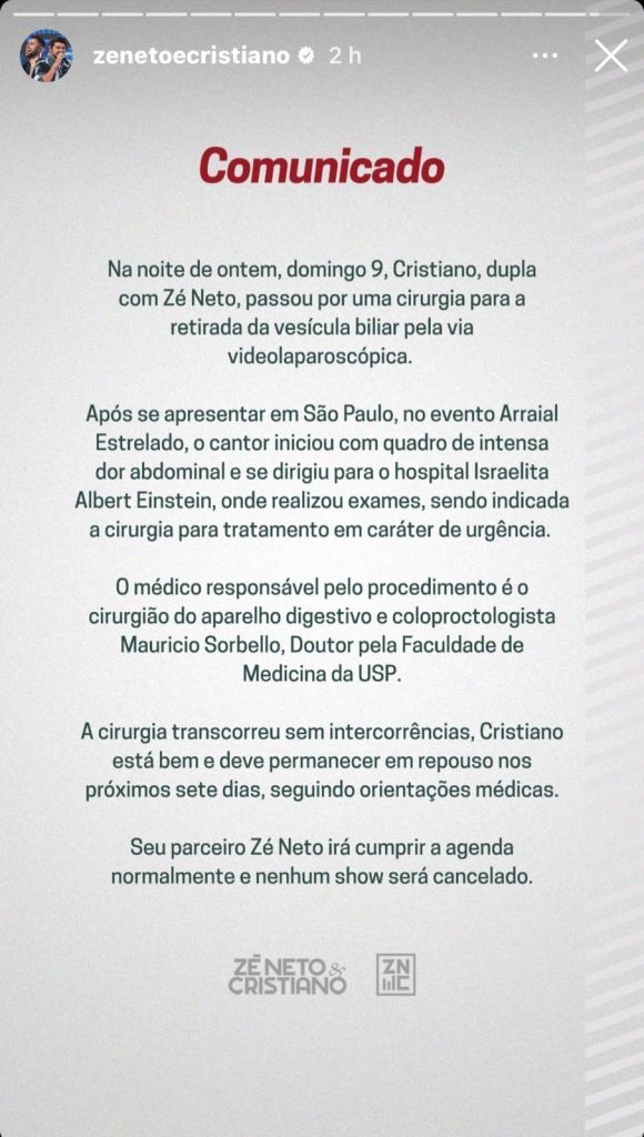 Print de comunicado da equipe de Zé Neto e Cristiano