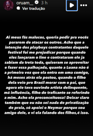 Oruam se pronuncia novamente e cita desentendimento com Luana Piovani / Reprodução/Instagram