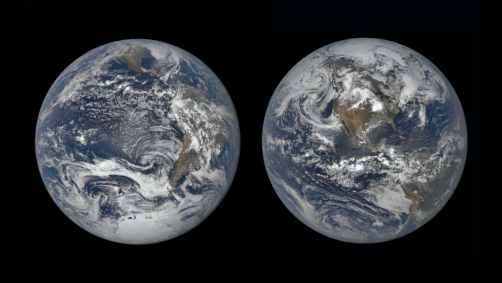 Estas imagens, capturadas do lado da Terra voltado para o Sol, mostram a mudança na inclinação da Terra entre os solstícios de dezembro (esquerda) e junho (direita)