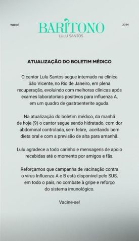 Boletim médico divulgado no Instagram do cantor neste domingo (9) / Instagram/Reprodução