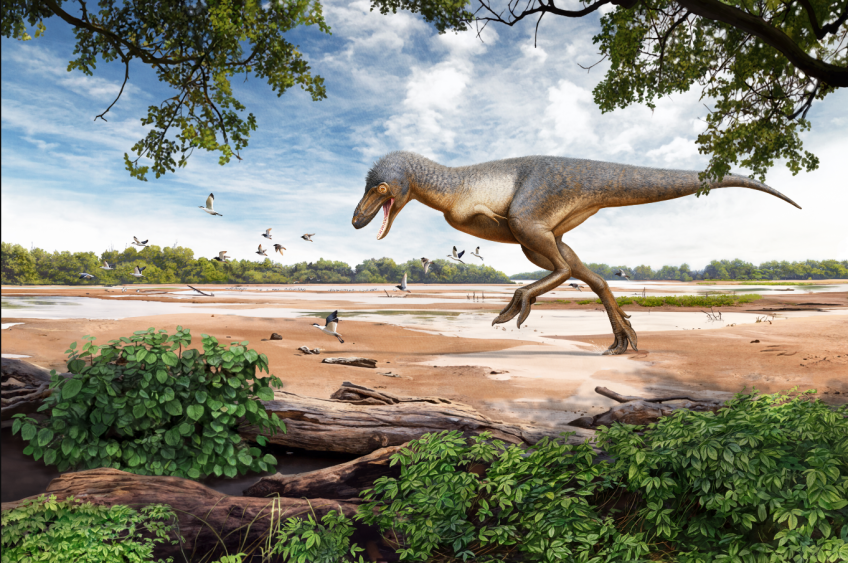 Reconstrução da antiga paisagem de 67 milhões de anos da Dakota do Norte com um Tyrannosaurus rex juvenil / Andrey Atuchin (artist) and Denver Museum of Nature & Science