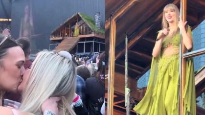 Montagem com fotos de pedido de casamento durante show de Taylor e da reação da cantora