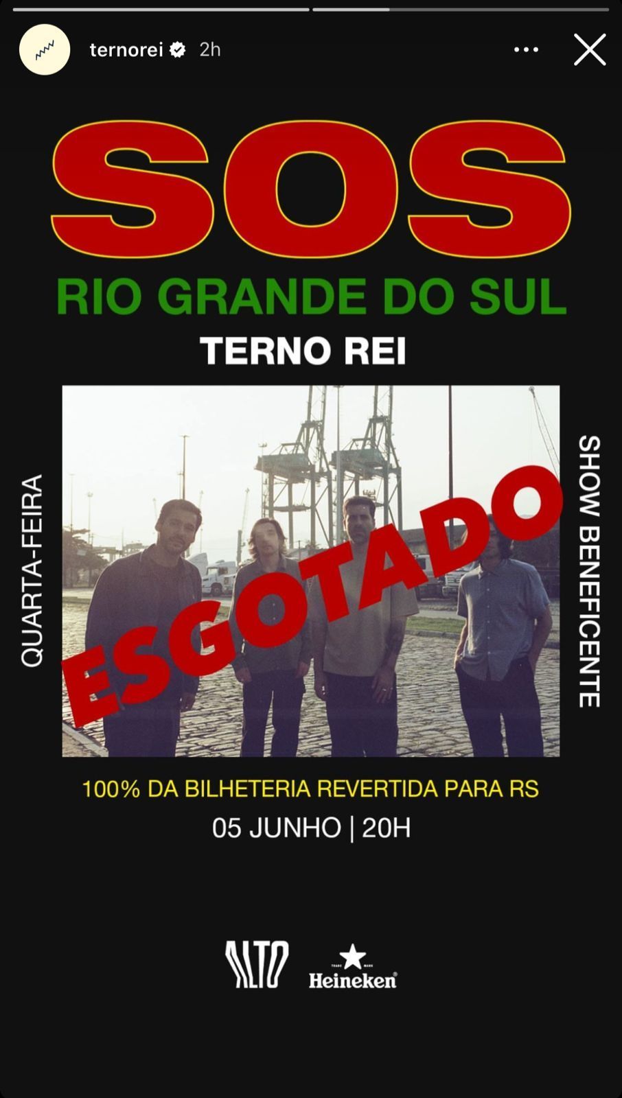 Terno Rei compartilhou uma foto indicando que seus ingressos haviam se esgotado / Foto: Reprodução/Instagram