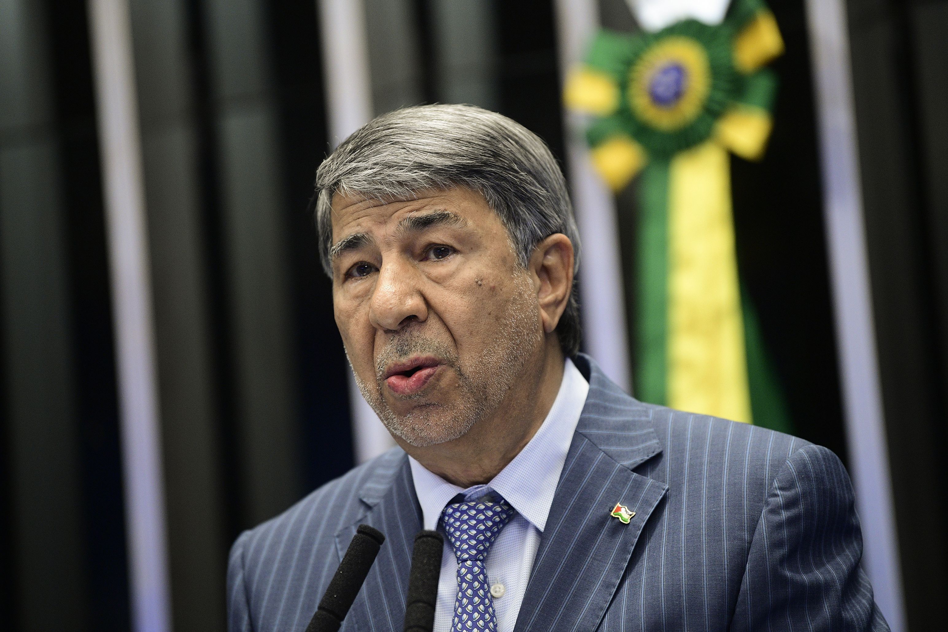 Plenário do Senado Federal durante sessão especial destinada a celebrar os 40 anos de relações diplomáticas entre Brasil e Palestina. À tribuna, em discurso, embaixador do Estado da Palestina, Ibrahim Mohamed Khalil Alzeben. Foto: Pedro França/Agência Senado