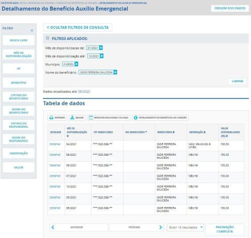 Segundo o Portal da Transparência, Igor Sauceda recebeu R$ 1.050 de Auxílio Emergencial em 2021, mas devolveu R$ 150 / Reprodução