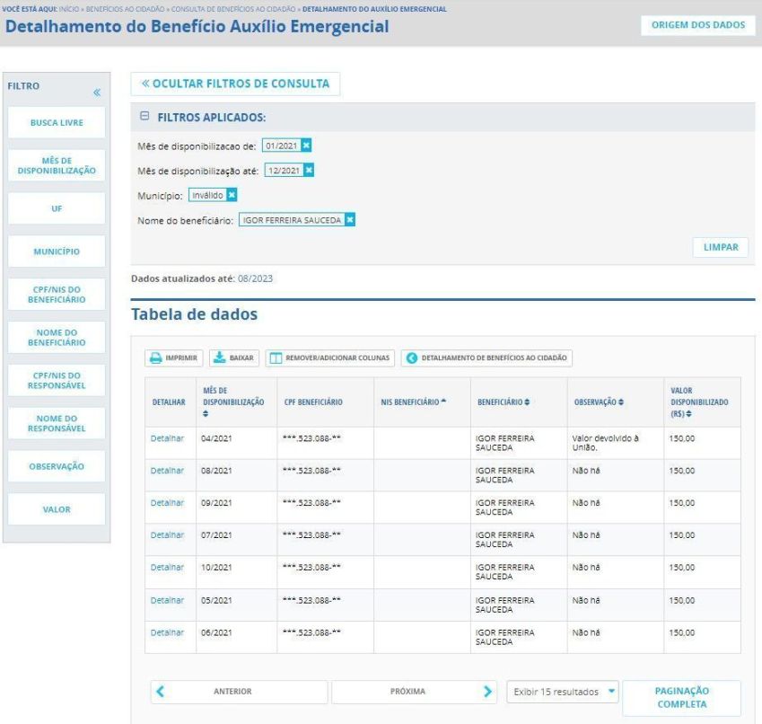 Segundo o Portal da Transparência, Igor Sauceda recebeu R$ 1.050 de Auxílio Emergencial em 2021, mas devolveu R$ 150 / Reprodução