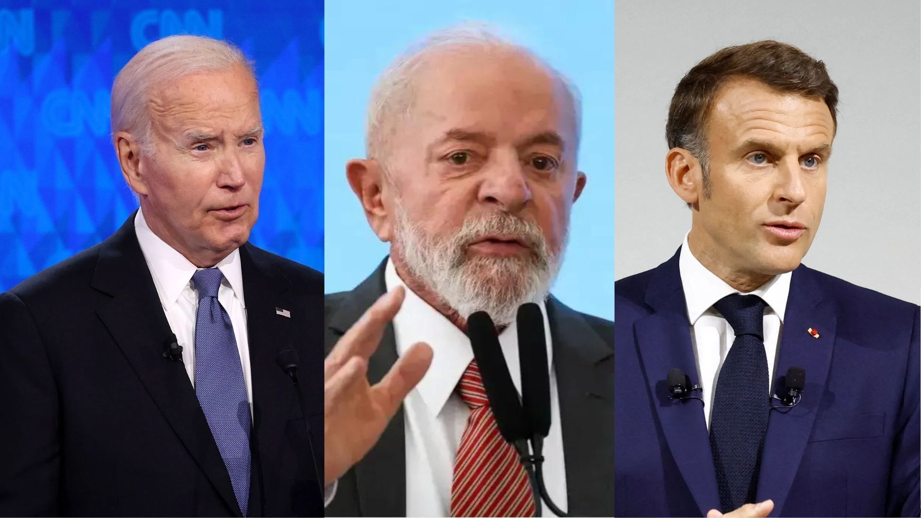 Joe Biden, presidente dos EUA; Luiz Inácio Lula da Silva, presidente do Brasil; e Emmanuel Macron, presidente da França.