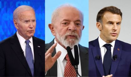 Joe Biden, presidente dos EUA; Luiz Inácio Lula da Silva, presidente do Brasil; e Emmanuel Macron, presidente da França.