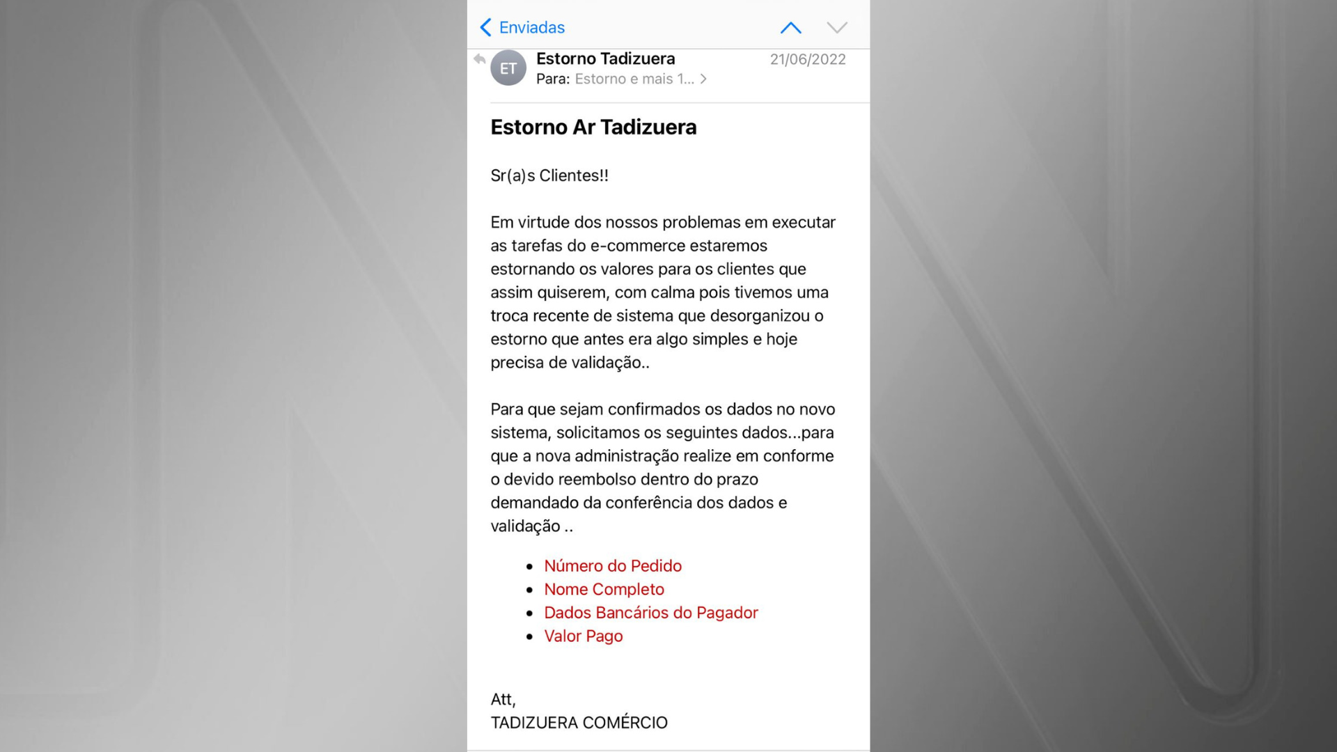 Mensagem de 2022 mostra pedido de dados para um "novo sistema" da empresa "Tadizuera", de Nego Di, que, segundo as investigações, não entregou produtos - Reprodução/Cedida à CNN