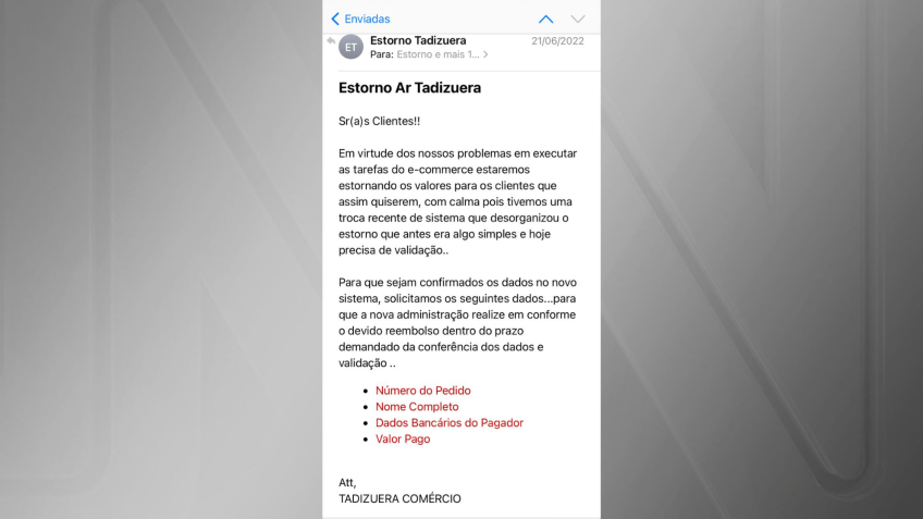 Mensagem de 2022 mostra pedido de dados para um "novo sistema" da empresa "Tadizuera", de Nego Di, que, segundo as investigações, não entregou produtos - Reprodução/Cedida à CNN