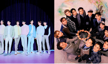 À esquerda os sete integrantes do BTS. À direita os treze membros do SEVENTEEN.