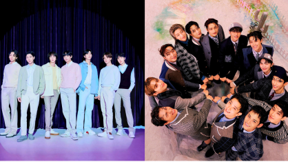 À esquerda os sete integrantes do BTS. À direita os treze membros do SEVENTEEN.