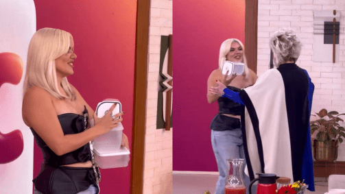 Duda Beat apareceu no Mais Você, da TV Globo, carregando potes de comida nos braços