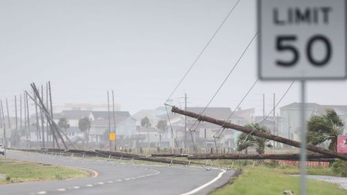 Linhas de energia caídas na Termini San Luis Pass Road, na Ilha de Galveston, no Texas, como resultado do furacão Beryl na segunda-feira, 8 de julho de 2024