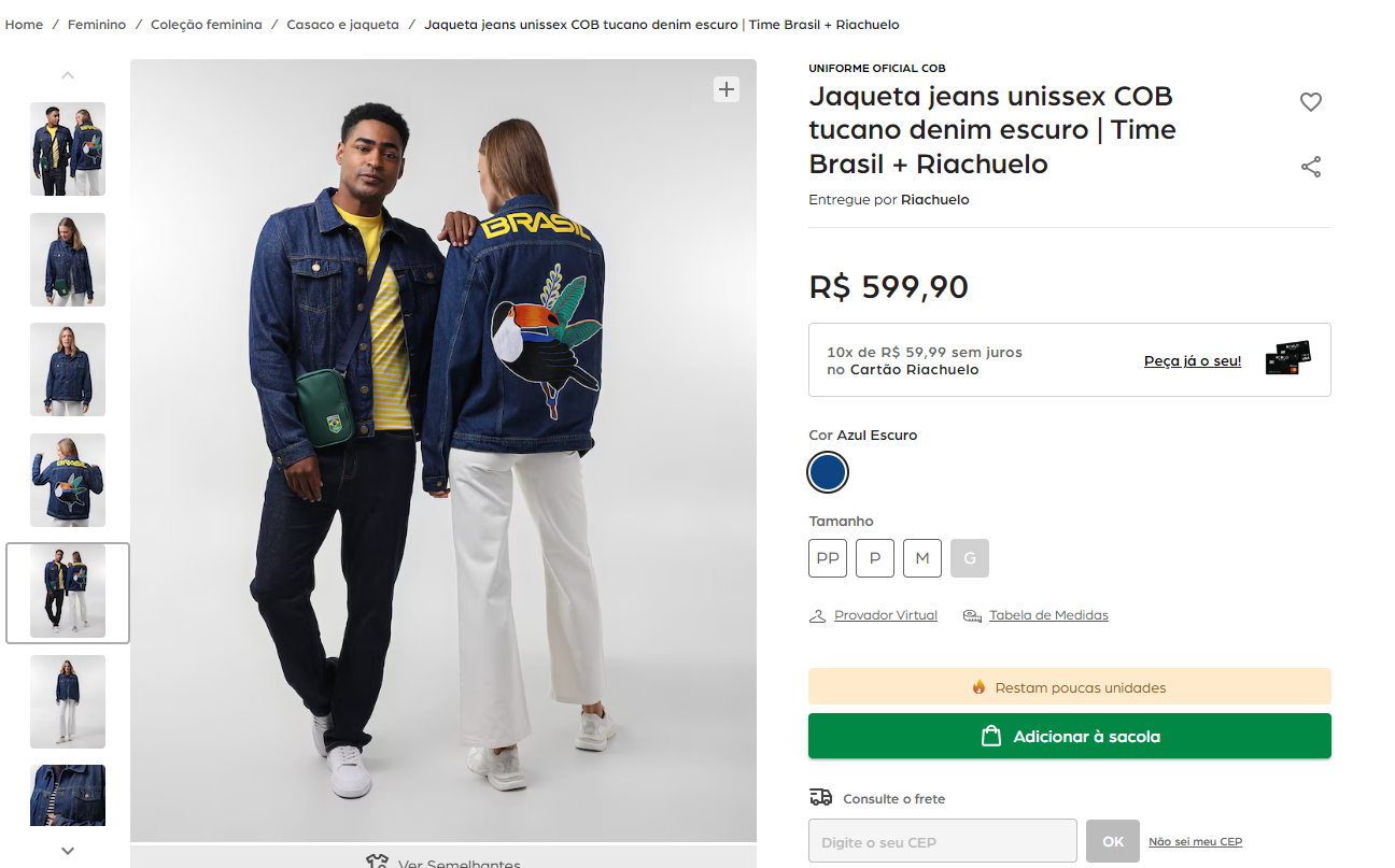 Jaqueta jeans da abertura está a venda no site / Reprodução/Riachuelo