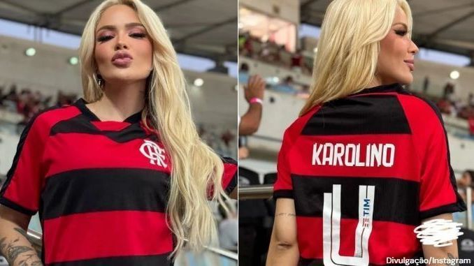 Karoline Lima com a camisa personalizada para Léo Pereira, seu namorado / Reprodução/Instagram