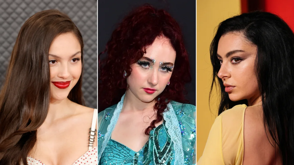 Da esquerda para a direita: as cantoras Olivia Rodrigo, Chappell Roan e Charli XCX