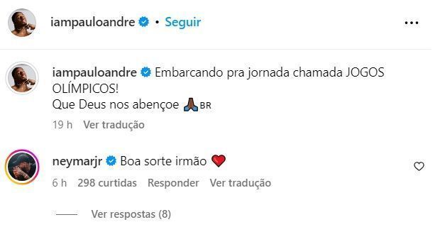 Paulo André recebe mensagem de apoio de Neymar antes de embarcar para a Olimpíada de Paris / Reprodução/Instagram