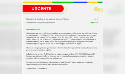 Ministério da Gestão e Inovação em Serviços Públicos envia circular informando que Sistema Eletrônico de Informações está fora do ar