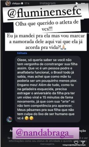 Samara Felippo expõe comentário de atleta do Fluminense nas redes sociais / Reprodução/Instagram