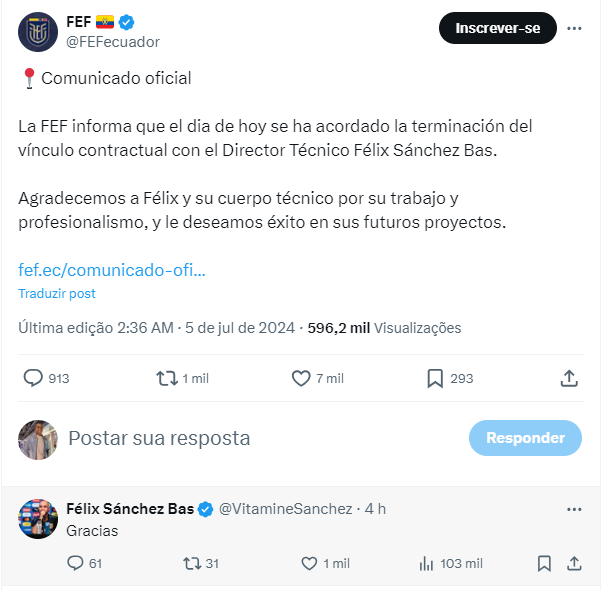 Treinador do Equador é demitido e agradece / Reprodução / X