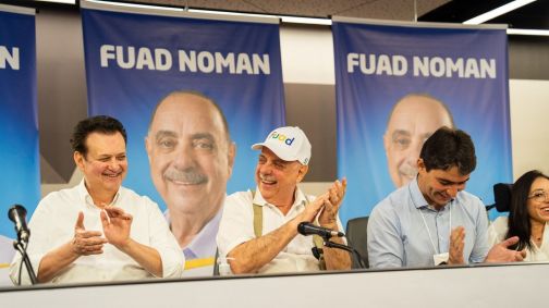 Gilberto Kassab, Fuad Noman e Cássio Soares, em convenção do PSD, em Belo Horizonte, 20 de julho de 2024