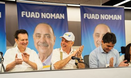 Gilberto Kassab, Fuad Noman e Cássio Soares, em convenção do PSD, em Belo Horizonte, 20 de julho de 2024