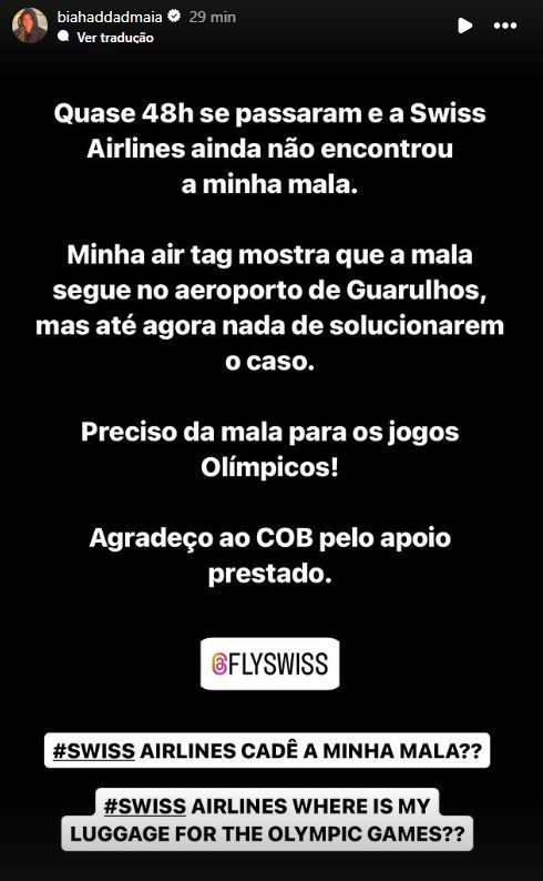 Desabafo de Bia Haddad Maia após ter sua mala perdida em voo para Paris / Reprodução/Instagram