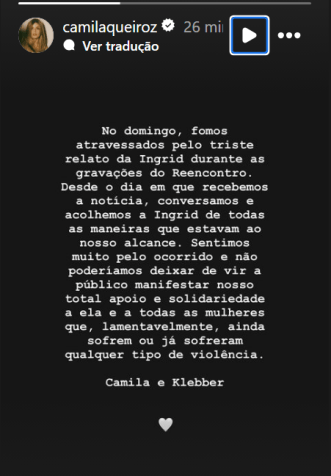 Camila Queiroz e Klebber Toledo compartilhar pronunciamento sobre relato de Ingrid / Instagram/ Camila Queiroz