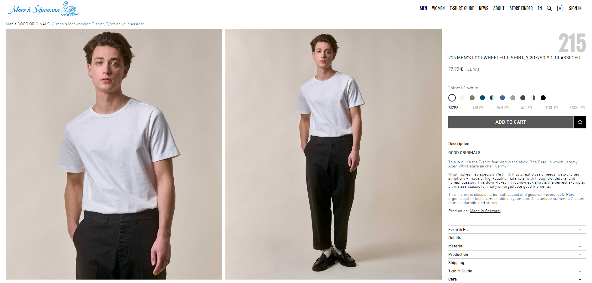 Modelo da camiseta branca usada por Carmy (Jeremy Allen White) em "O Urso"; peça custa R$ 475,00 / Reprodução/ Merz b. Schwanen