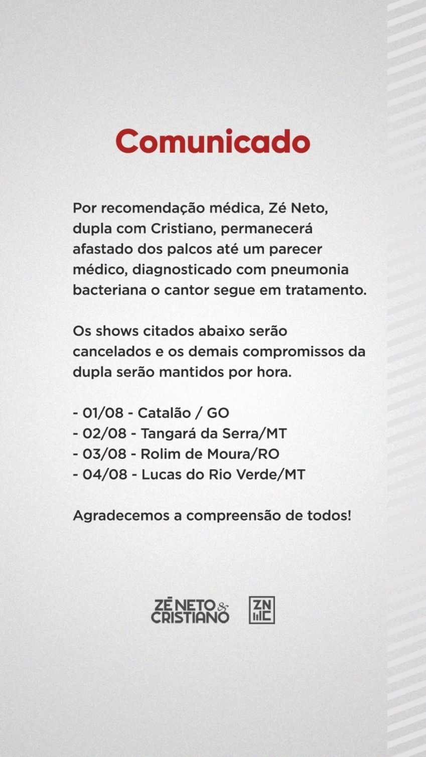 Comunicado de cancelamento de shows / Instagram/Zé Neto e Cristiano