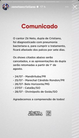 Assessoria publicou comunicado sobre cancelamento de cinco shows / Foto: Instagram/Zé Neto e Cristiano