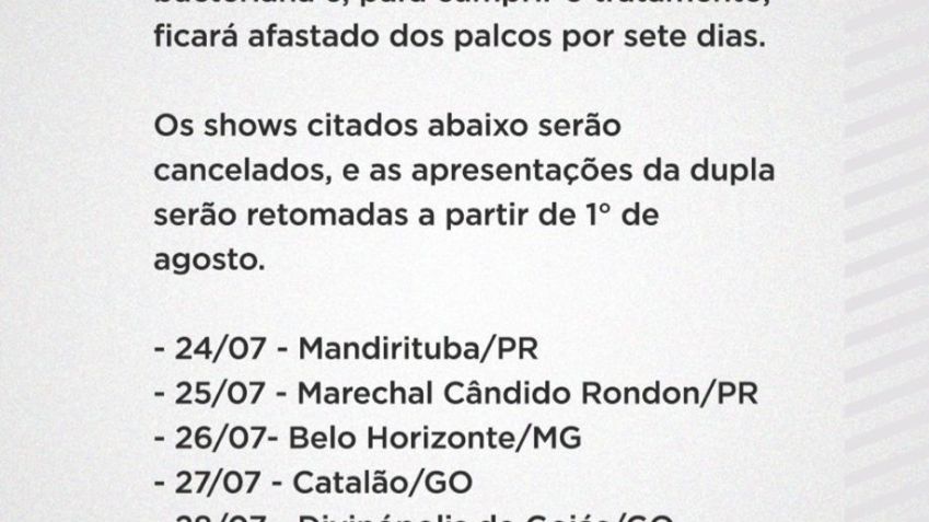 Assessoria publicou comunicado sobre cancelamento de cinco shows / Foto: Instagram/Zé Neto e Cristiano