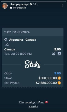 Drake faz aposta milionária na vitória do Canadá sobre a Argentina / Reprodução