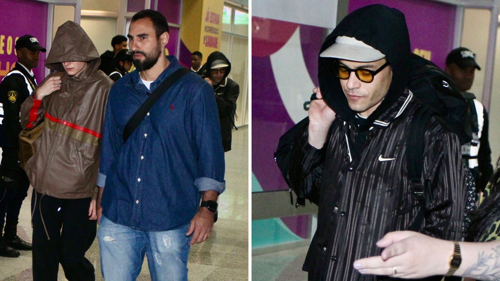 Emma Corrin e Rami Malek desembarcam no Rio