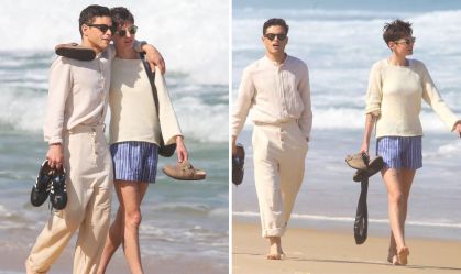 Emma Corin e Rami Malek passeiam na praia de Ipanema