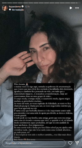 Fernanda Paes Leme publica stories com texto refletindo sobre a maternidade / Instagram/Fernanda Paes Leme