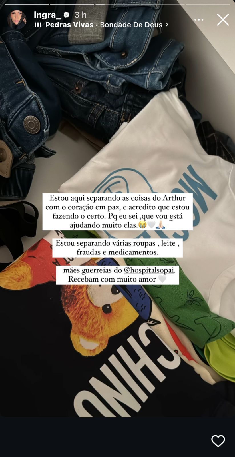 Ingra Soares mostrou roupinhas dobradas do pequeno Arthur, que morreu aos 11 meses / Instagram/Ingra Soares