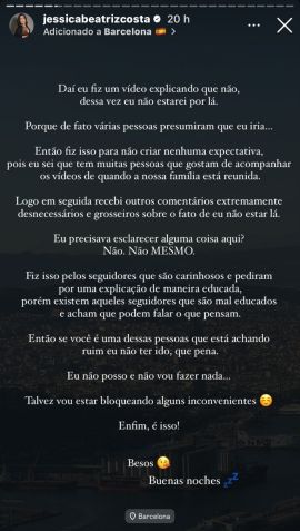 Influenciadora se queixou de comentários desnecessários sobre sua ausência no aniversário de Leonardo / Foto: Instagram/Jéssica Beatriz Costa