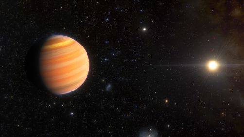 Criação artística que mostra um exoplaneta a caminho de se tornar um "Júpiter quente", ou seja, um grande mundo semelhante a Júpiter que orbita muito próximo de sua estrela