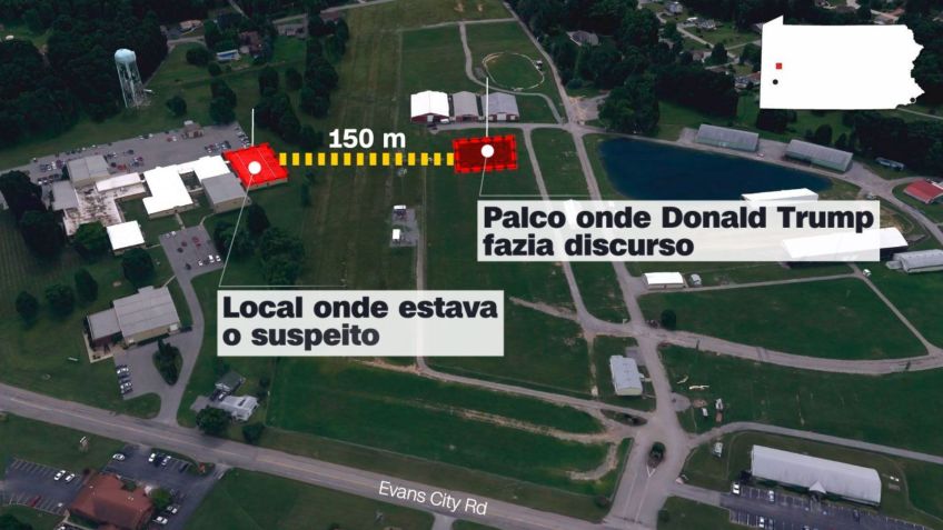 Mapa mostra onde estava Thomas Matthew Crooks, que baleou o Donald Trump durante um comício / CNN Brasil