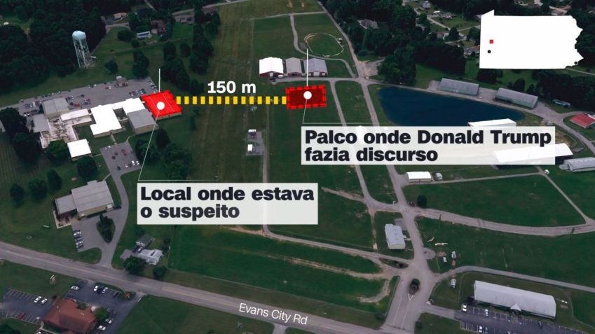 Mapa mostra onde estava Thomas Matthew Crooks, que baleou o Donald Trump durante um comício / CNN Brasil
